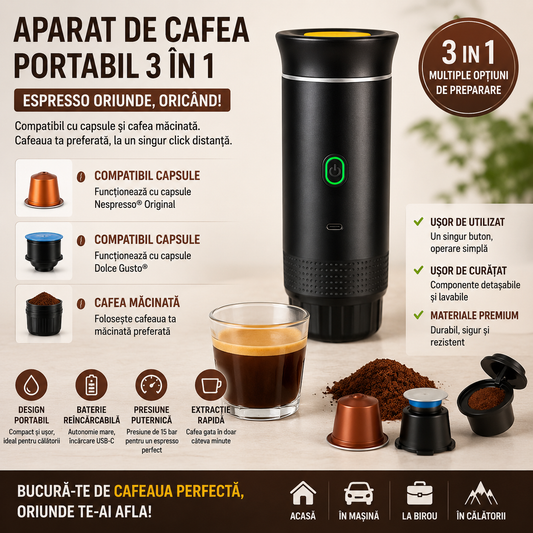 Aparat de Cafea Portabil 3 in 1, Compatibil Capsule si Cafea Macinata, Presiune 20 bari, Incalzire Rapida, Baterie 7500 mAh, Reincarcare USB