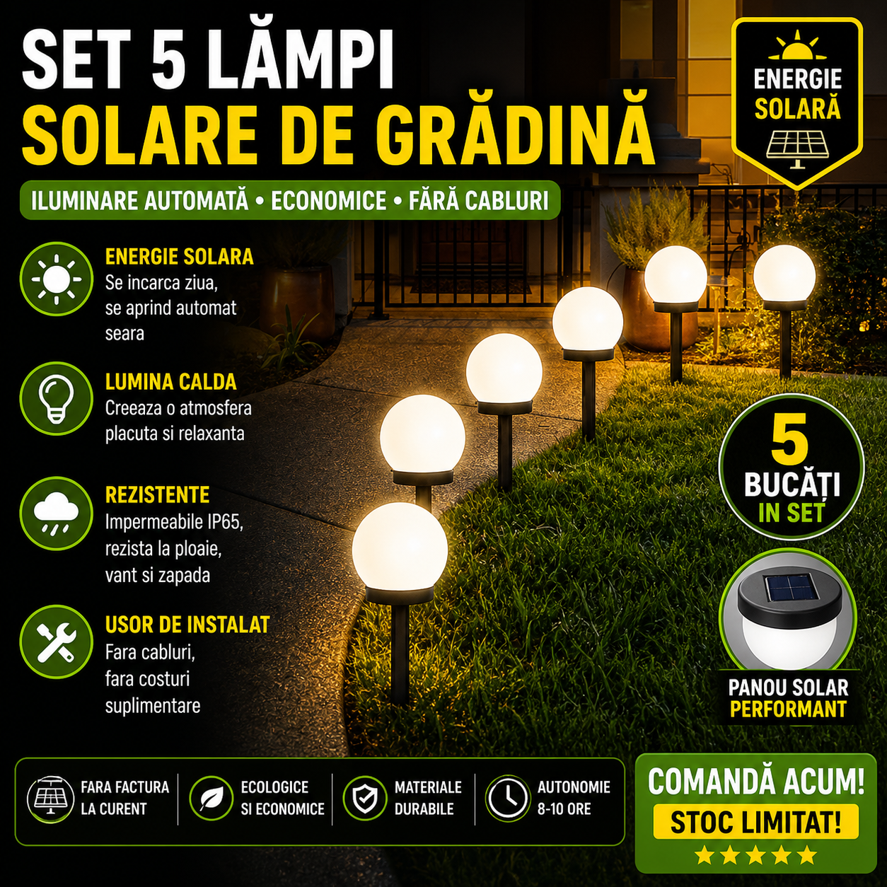 Set 5 x Lampa Solara Gradina Glob, Rezistenta IP44, Iluminare Ambientala Exterior, Ideala pentru Alei, Curte si Gradina