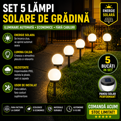 Set 5 x Lampa Solara Gradina Glob, Rezistenta IP44, Iluminare Ambientala Exterior, Ideala pentru Alei, Curte si Gradina