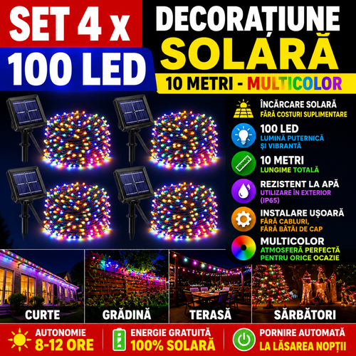 Set 4 x Decoratiune cu Incarcare Solara 100 LED, 10 Metri - Multicolor