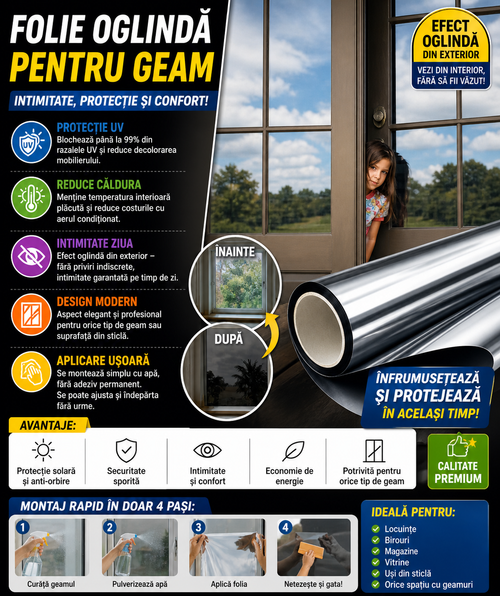 Set 2 x Folie Oglinda pentru Geam Gri, Efect Reflectorizant, Protectie UV, Anti Caldura si Intimitate, 45 x 300 cm