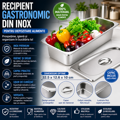 Tava Inox pentru Mentinerea Alimentelor Calde cu Capac, Design Compact Profesional pentru Bufet si Servire 32.5 x 12.6 x 10 cm