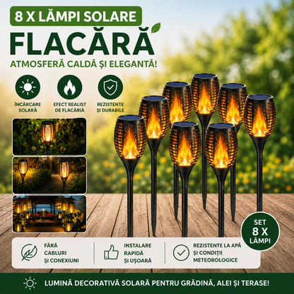 Set 8 x Lampa Solara Tip Torta cu Efect Flacara, Iluminare LED, Rezistente la Apa, Design Decorativ pentru Gradina si Alei
