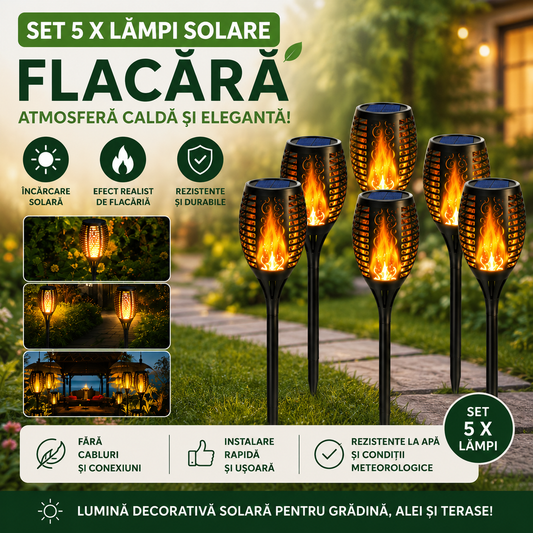 Set 5 x Lampa Solara Tip Torta cu Efect Flacara, Iluminare LED, Rezistente la Apa, Design Decorativ pentru Gradina si Alei