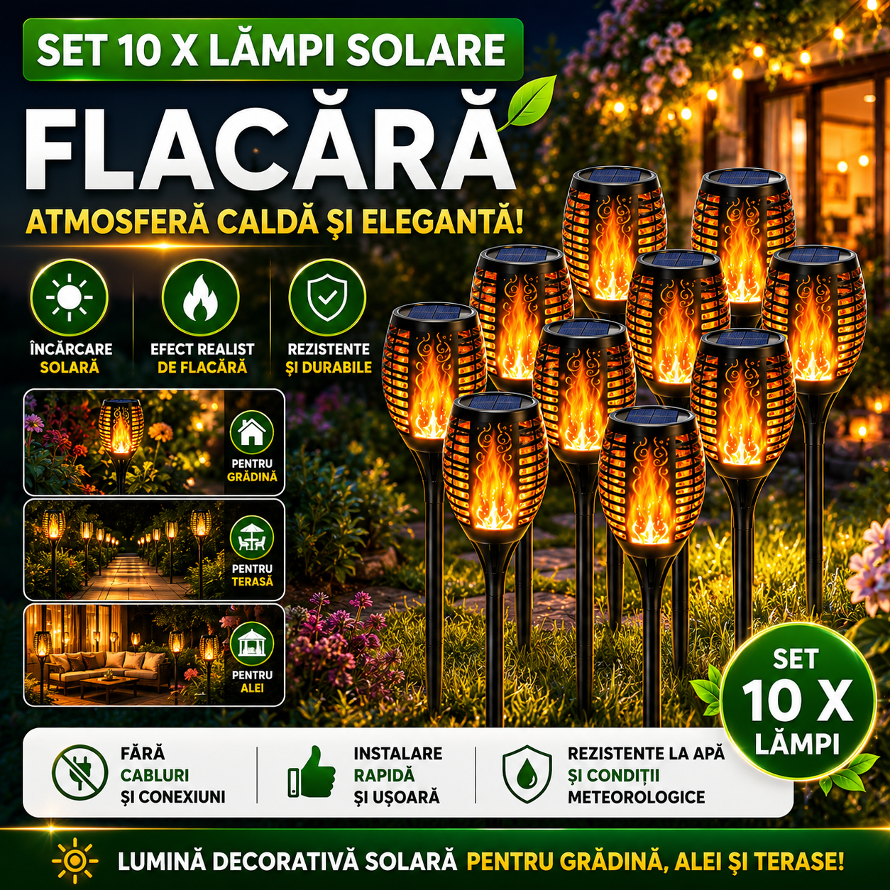 Set 10 x Lampa Solara Tip Torta cu Efect Flacara, Iluminare LED, Rezistente la Apa, Design Decorativ pentru Gradina si Alei