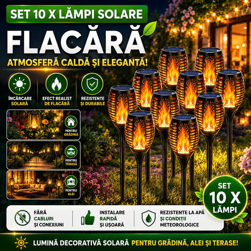 Set 10 x Lampa Solara Tip Torta cu Efect Flacara, Iluminare LED, Rezistente la Apa, Design Decorativ pentru Gradina si Alei