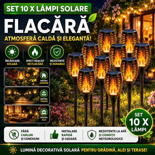 Set 10 x Lampa Solara Tip Torta cu Efect Flacara, Iluminare LED, Rezistente la Apa, Design Decorativ pentru Gradina si Alei