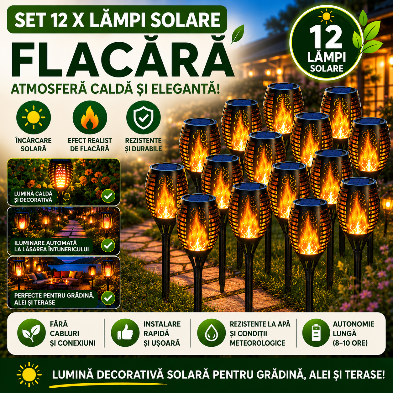 Set 12 x Lampa Solara Tip Torta cu Efect Flacara, Iluminare LED, Rezistente la Apa, Design Decorativ pentru Gradina si Alei