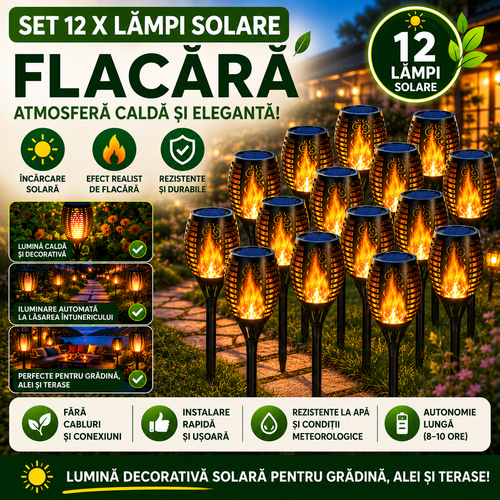 Set 12 x Lampa Solara Tip Torta cu Efect Flacara, Iluminare LED, Rezistente la Apa, Design Decorativ pentru Gradina si Alei