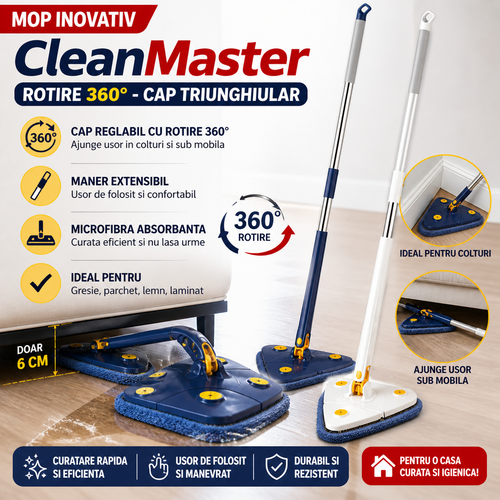 Mop Triunghiular CleanMaster cu Rotire 360° – Cap Reglabil, Microfibra Absorbanta, Ideal pentru Colturi si Sub Mobila