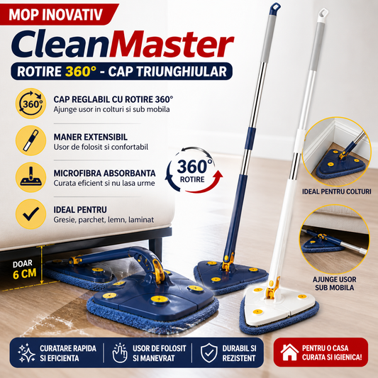 Mop Triunghiular CleanMaster cu Rotire 360° – Cap Reglabil, Microfibra Absorbanta, Ideal pentru Colturi si Sub Mobila