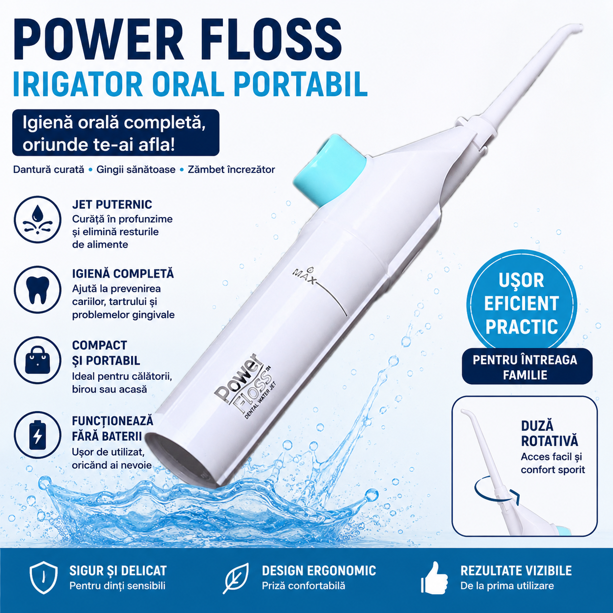 Irigator Oral Portabil Power Floss, Curatare Profunda, Jet Puternic de Apa, Duza Rotativa 360°, Igiena Dentara Completa