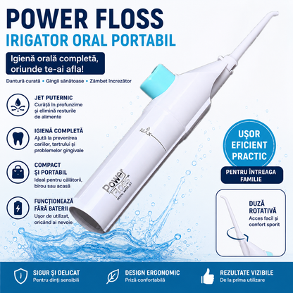 Irigator Oral Portabil Power Floss, Curatare Profunda, Jet Puternic de Apa, Duza Rotativa 360°, Igiena Dentara Completa
