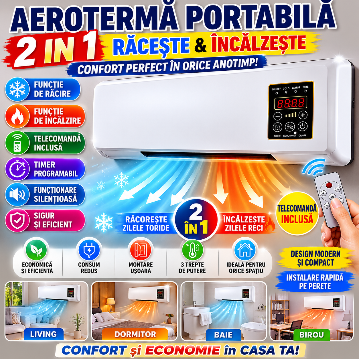 Aeroterma Portabila 2 in 1 cu Telecomanda, Functie de Racire si Incalzire, Design Compact