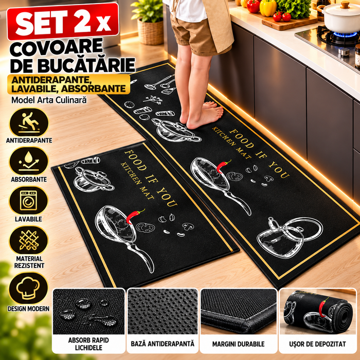 Set 2 x Covoare de Bucatarie Antiderapante Lavabile, Absorbante - Model Arta Culinara
