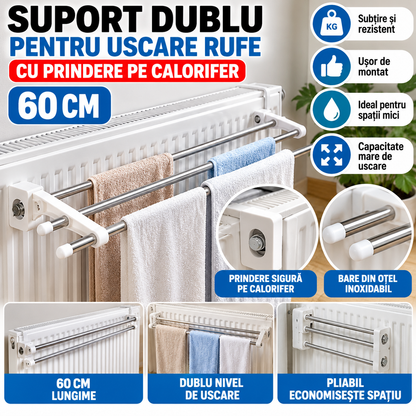 Suport dublu pentru uscare rufe, cu prindere pe calorifer, 60cm